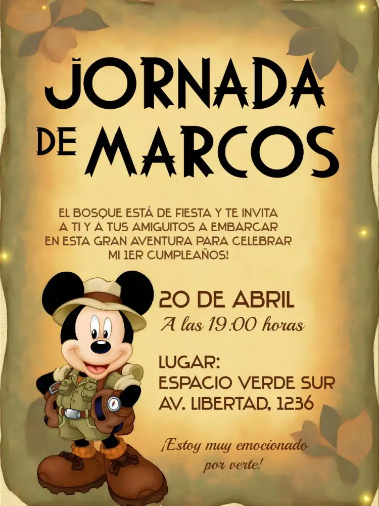 Invitación Safari De Mickey Mouse Tuyo – tema Cumpleaños Infantil safari, Mickey Mouse, colores neutros, ilustraciones divertidas, diseño infantil, tema alegre