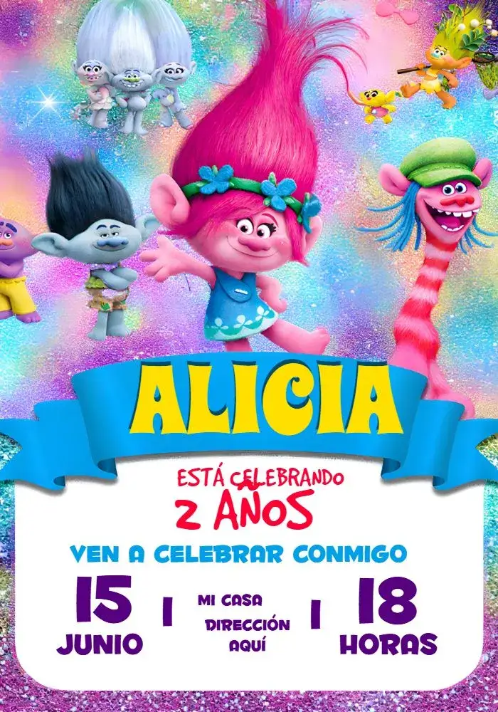 Invitación Trolls Trolls1 – tema Más buscados colorido, divertido, infantil, animación, temática, alegre