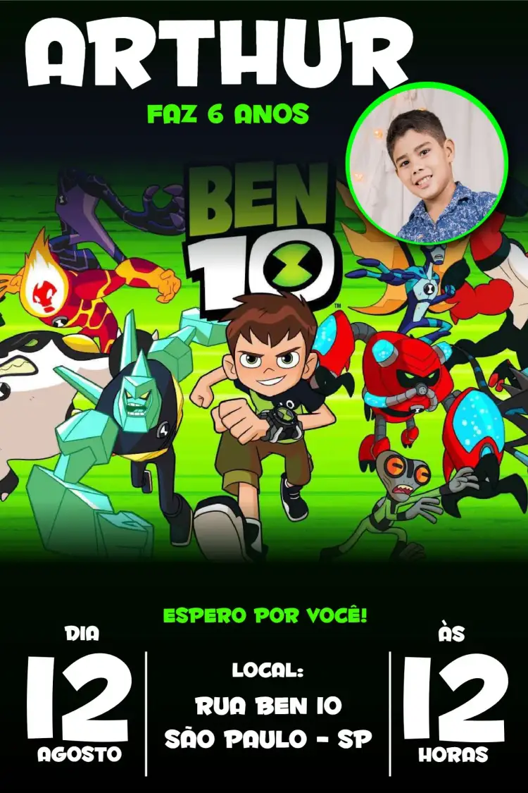 Invitación Ben 10 Verde – tema Cumpleaños Infantil verde, negro, temática de superhéroes, ilustraciones de monstruos, estilo divertido, moderno