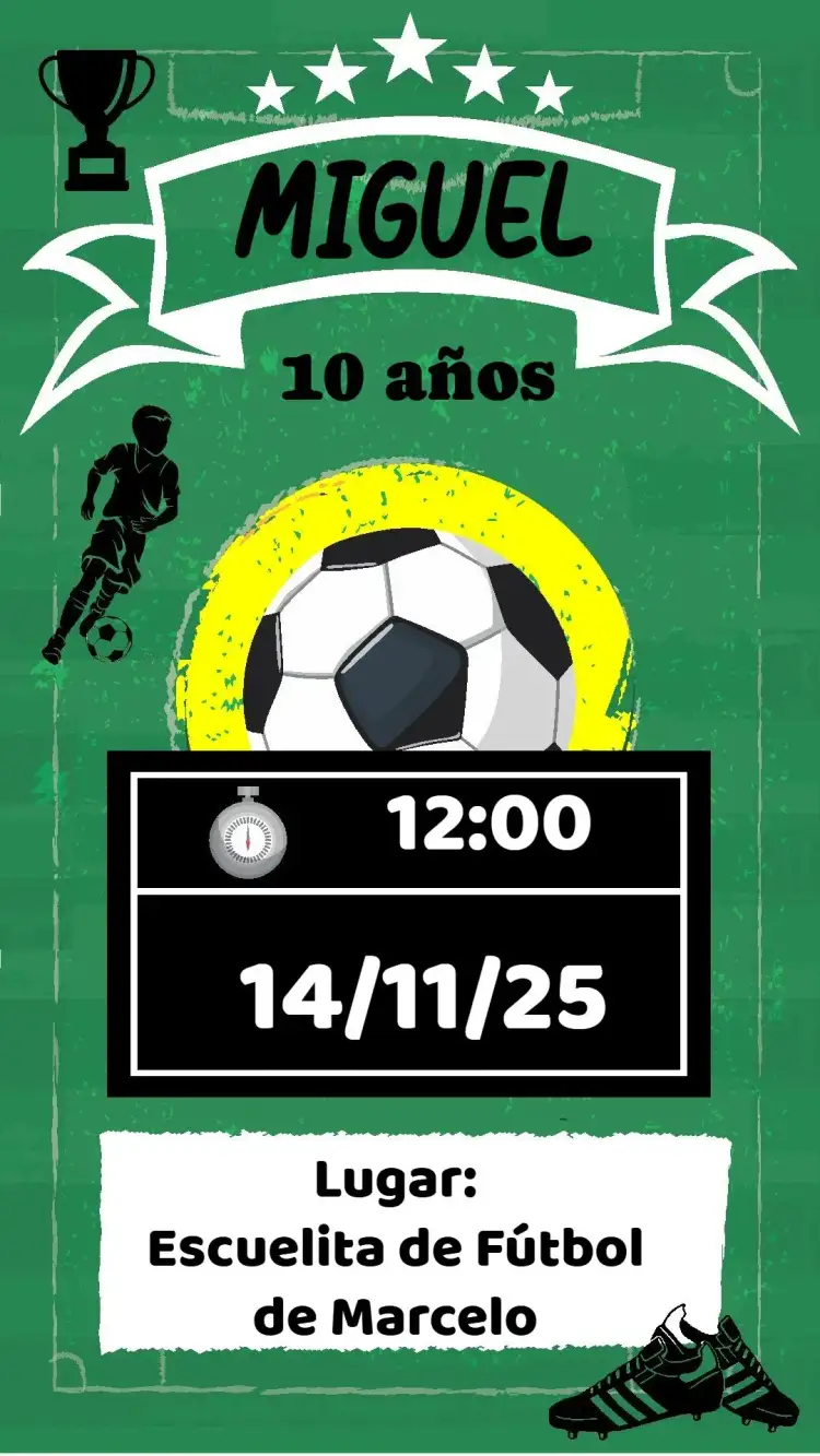 Invitación Fútbol – tema Cumpleaños deportivo, colorido, vibrante, divertido, juvenil, moderno