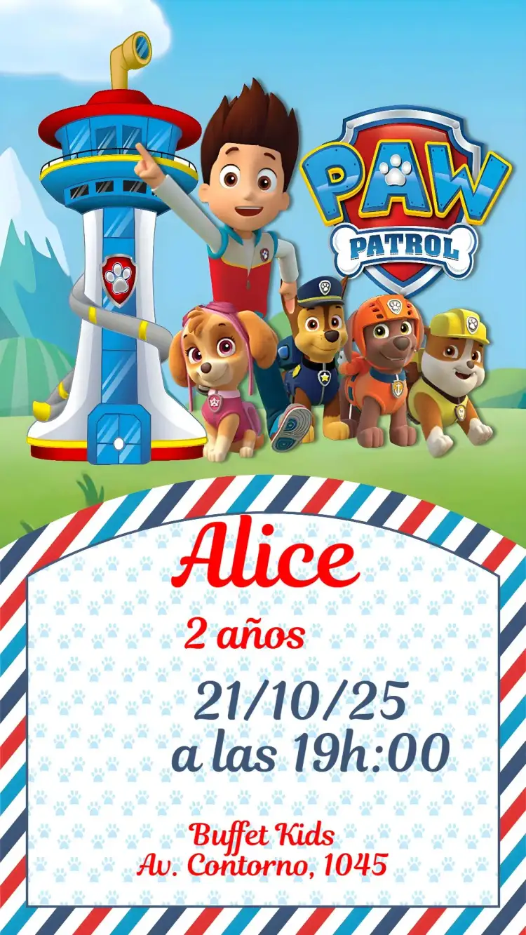 Invitación Patrulla Canina – tema Cumpleaños Infantil colorido, divertido, infantil, temático, animado, ilustraciones de animales
