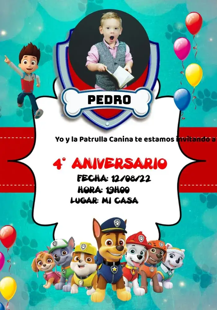 Invitación Patrulla Canina Con Foto Roja – tema Cumpleaños Infantil rojo vibrante, temática infantil, diseño moderno, elementos gráficos divertidos, estilo colorido, personajes de la Patrulla Canina