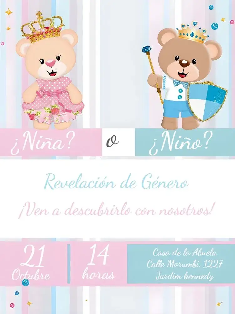 Invitación Chá Revelación Ositos Realeza Rosa