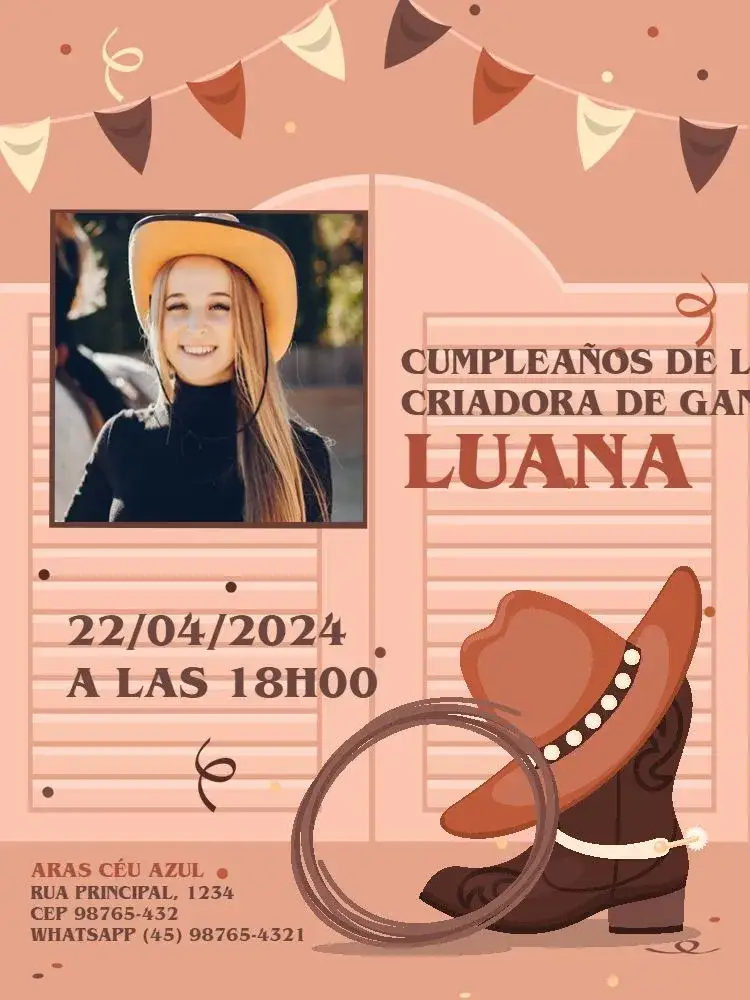 Invitación Boiadeira Con Foto Rosa Botas – tema Cumpleaños Infantil rural, lúdico, colorido, infantil, temático, divertido