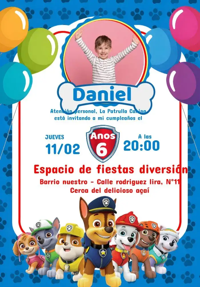 Invitación Patrulla Canina Con Foto Azul – tema Cumpleaños Infantil azul, blanco, rojo, temático, divertido, infantil