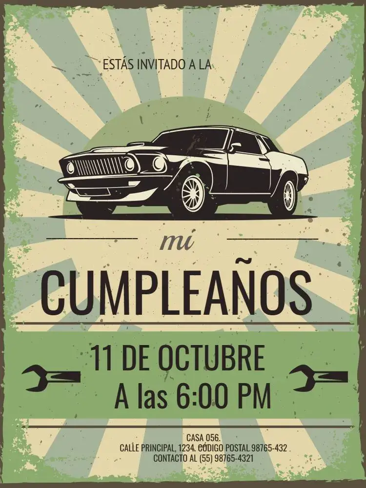 Invitación Autos Antiguos Verde Retro