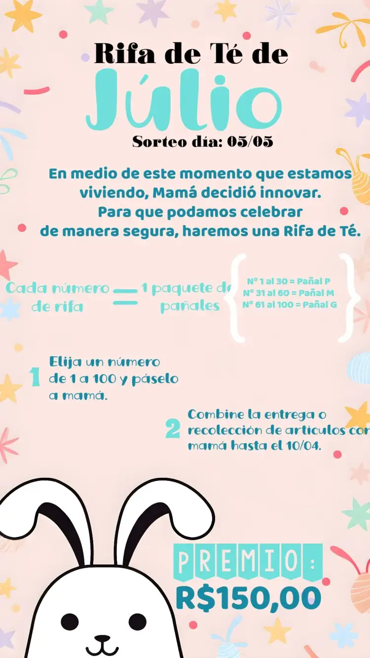Invitación Té Rifa Conejo Cha – tema Té Rifa azul, blanco, amarillo, conejito, safari, animales