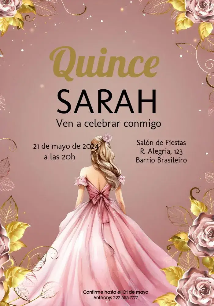 Invitación De 15 Anos Rosas Gold Fifteen – tema 15 años floral, dorado, rosa, elegante, moderno, princesa