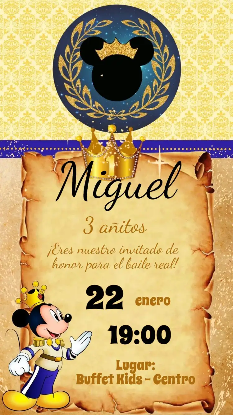 Invitación Mickey Realeza – tema Cumpleaños Infantil colorido, divertido, mágico, infantil, temático