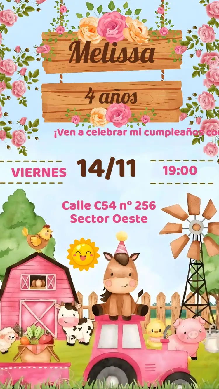 Invitación Granja – tema Cumpleaños Infantil rural, colorido, divertido, lúdico, infantil, naturaleza