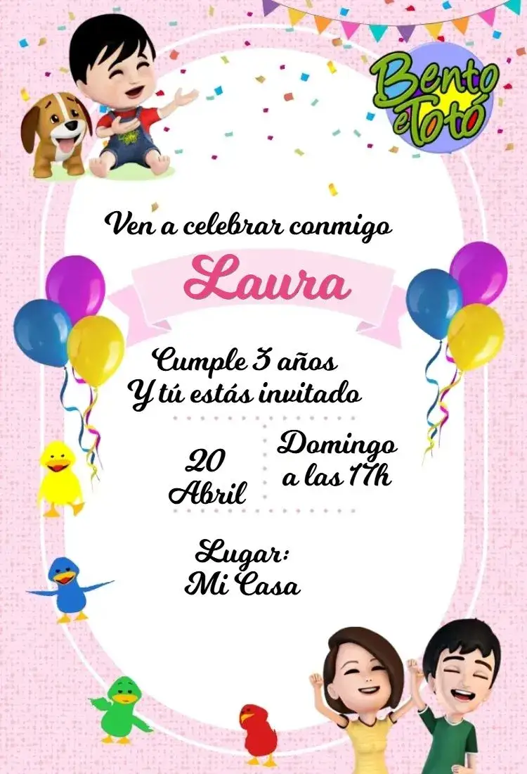 Invitación Bento y Totó Rosa – tema Tarjeta colores vibrantes, ilustraciones lúdicas, estilo infantil, tonos de rosa, diseño divertido, elementos gráficos alegres