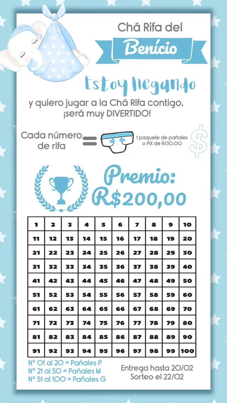 Invitación Té Rifa Elefantito Pañal – tema Té Rifa azul, blanco, lúdico, infantil, moderno