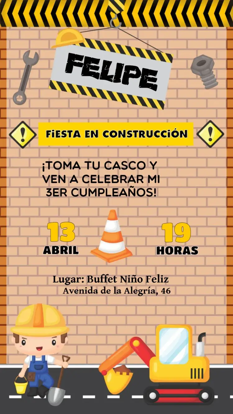 Invitación Construcción Volquete – tema Té Rifa colores vibrantes, elementos de construcción, estilo infantil, gráficos lúdicos, diseño divertido
