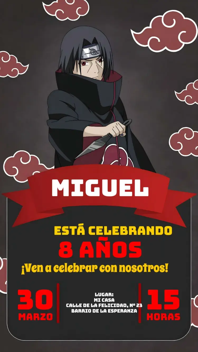 Invitación Itachi Naruto Negro editable y personalizable