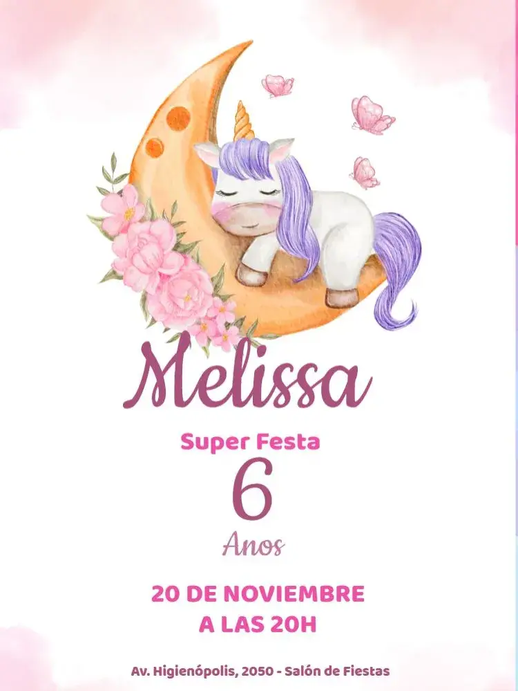 Invitación Unicornio Durmiendo Niña Rosa