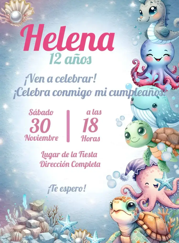 Invitación Fondo Del Mar Ballena – tema Cumpleaños Infantil azul marino, colorido, lúdico, divertido, tropical