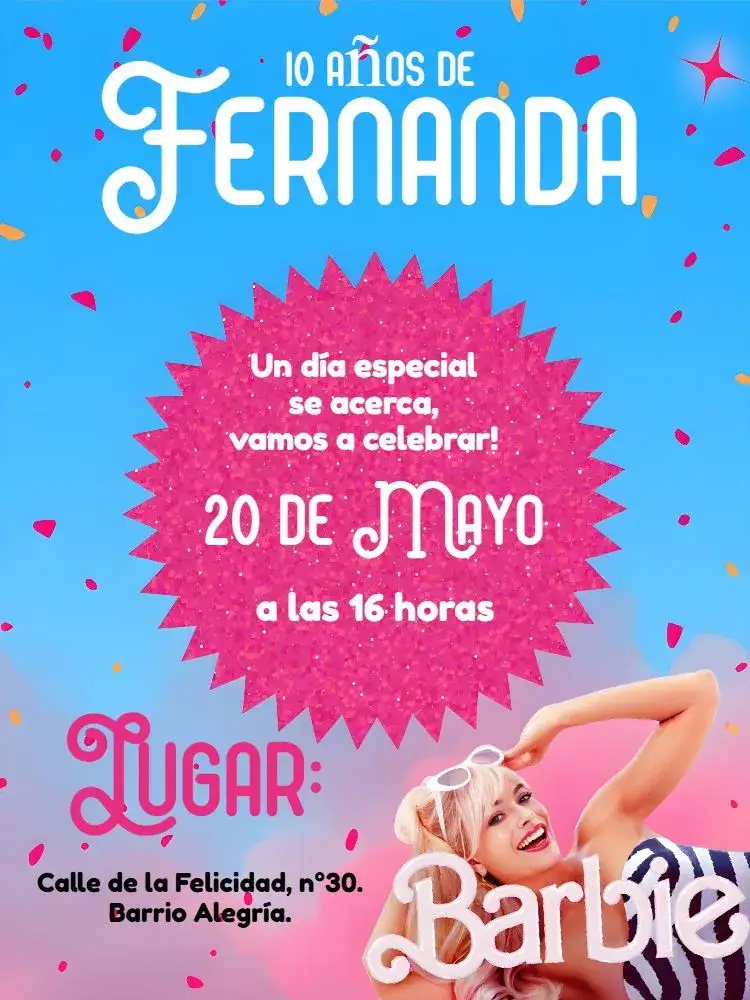 Invitación Barbie Con Foto Película – tema Fechas Conmemorativas rosa, azul, brillo, tema de película, divertido, infantil