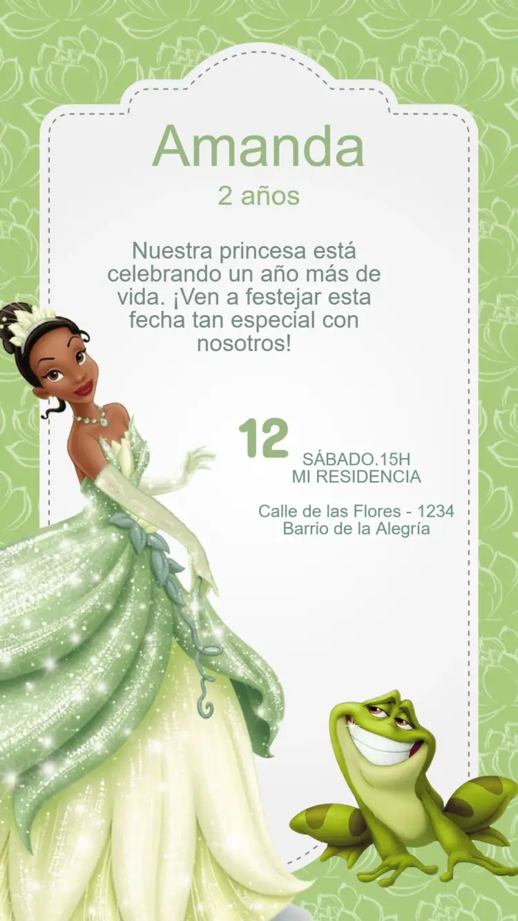 Invitación Cumpleaños Princesa Tiana y el sapo