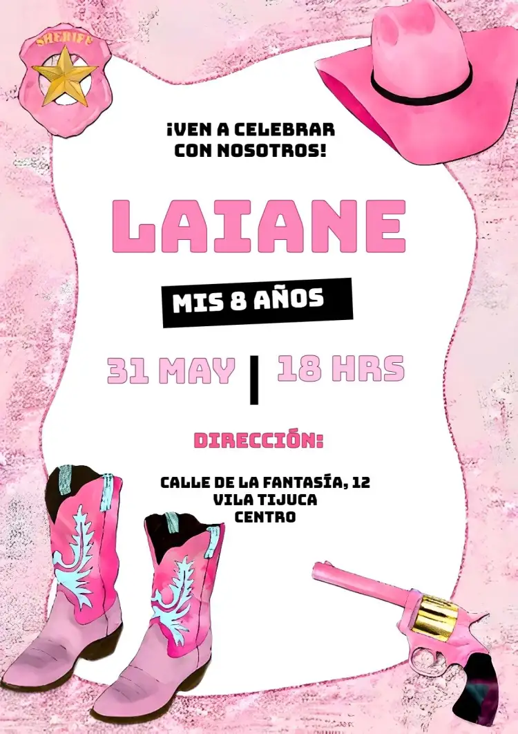 Invitación Ana Castela Boiadeira Rosa – tema Cumpleaños Infantil rosa suave, vaquera, infantil, festivo, colorido, divertido