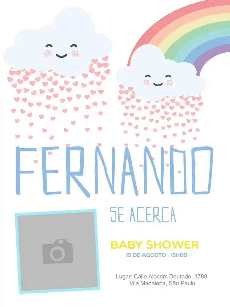 Invitación Baby Shower Photo – tema Baby Shower colorido, infantil, juguetón, nubes, arcoíris