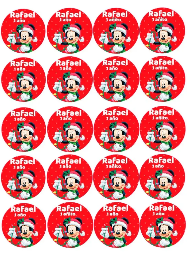 Invitación Adhesivo Navideño Mickey 5cm Redondo – tema Fechas Conmemorativas temático, colorido, divertido, infantil, navideño, festivo