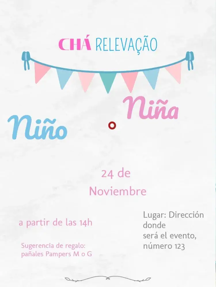 Invitación Baby Shower Revelación Banderines Infantil – tema Té Rifa colorido, infantil, jocoso, moderno, festivo, alegre