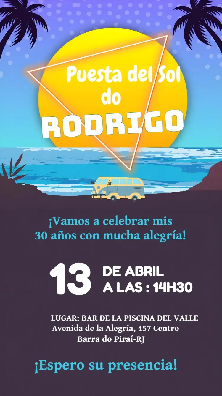 Invitación Tardecita – tema Cumpleaños colores vibrantes, puesta de sol, estilo moderno, elementos gráficos divertidos, diseño alegre, estilo boho