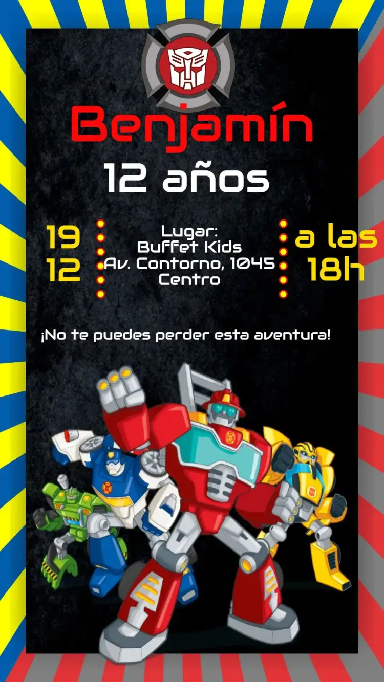 Invitación Transformers – tema Cumpleaños Infantil colorido, futurista, aeronáutico, robôs, moderno