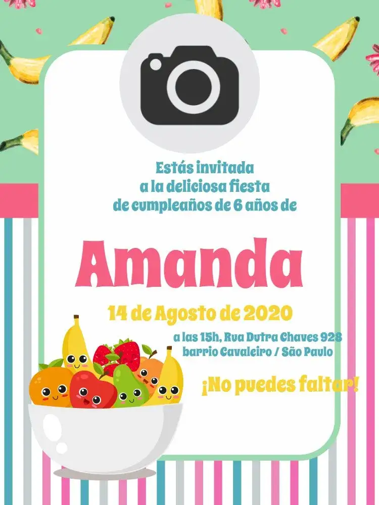 Invitación Productos Que Se Pueden Comprar Niña – tema Cumpleaños Infantil rosa, frutas, divertido, colorido, infantil, alegre