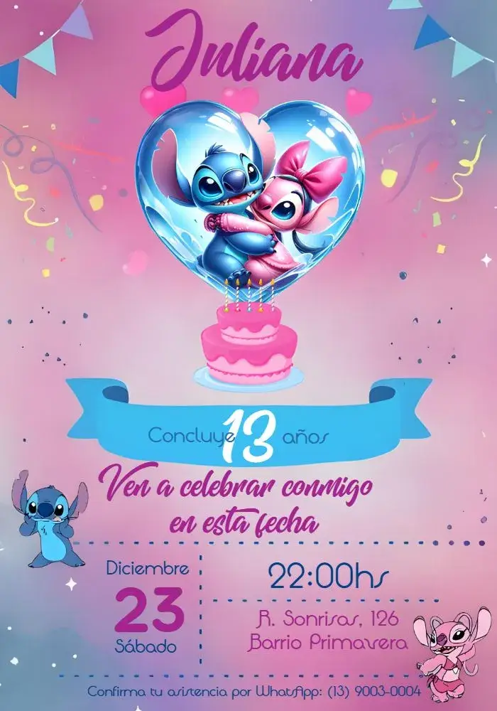 Invitación Stitch Y Angel Azul