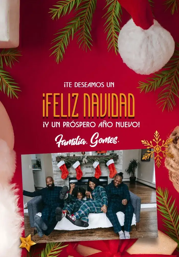 Invitación Tarjeta de Navidad con Foto Roja – tema Fechas Conmemorativas rojo vibrante, dorado elegante, estilo navideño, nieve suave, elementos gráficos festivos, diseño acogedor