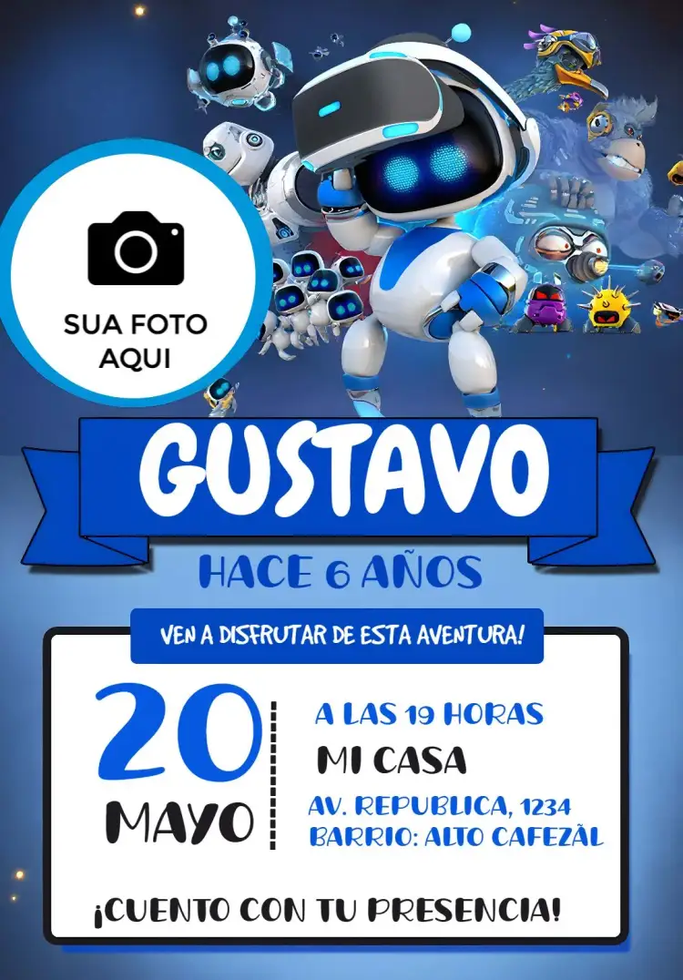 Invitación Astro Bot Con Foto Astrobot – tema Más buscados espacial, moderno, tecnológico, divertido, colorido