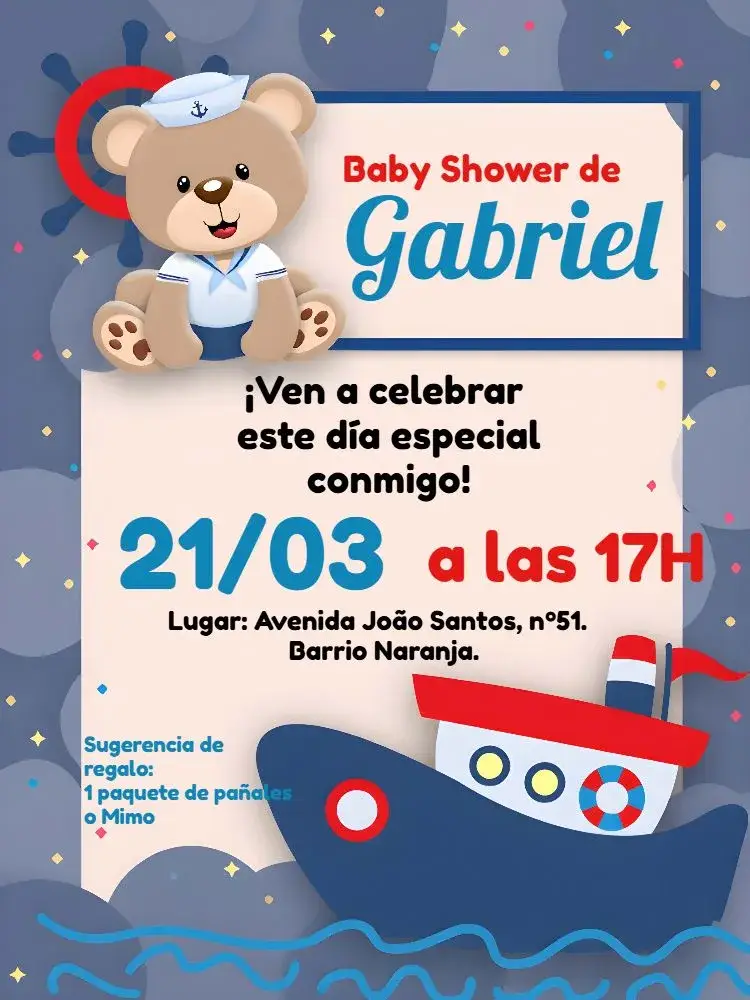 Invitación Baby Shower Temática Marinero Oso Barco