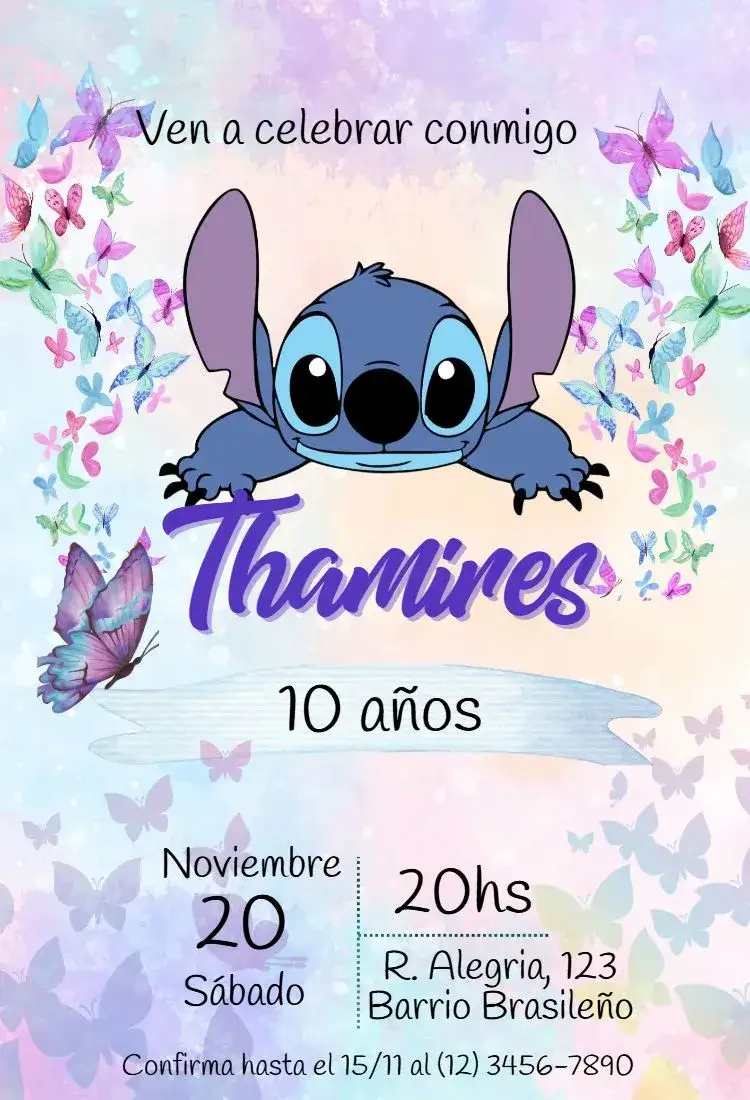 Invitación Stitch mariposas – tema Cumpleaños Infantil púrpura, lila, divertido, infantil, colorido, temático