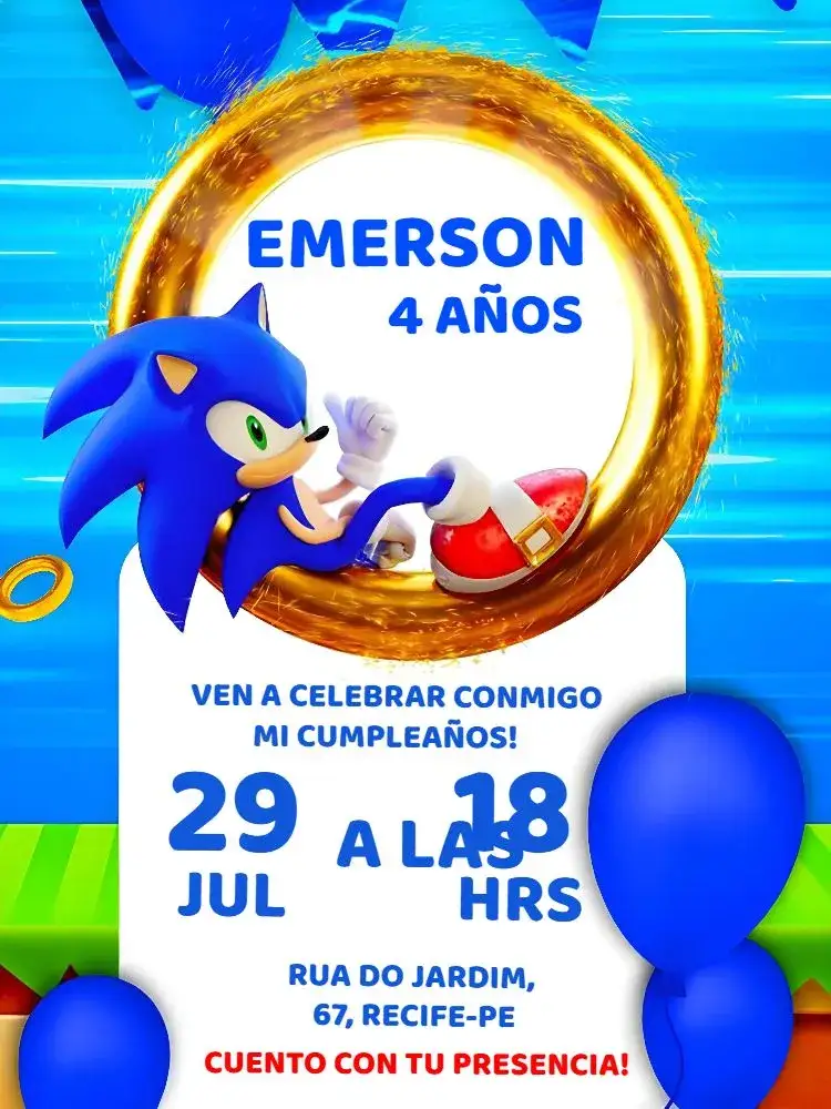 Invitación Sonic – tema Más buscados colorido, moderno, divertido, juegos, infantil, temático