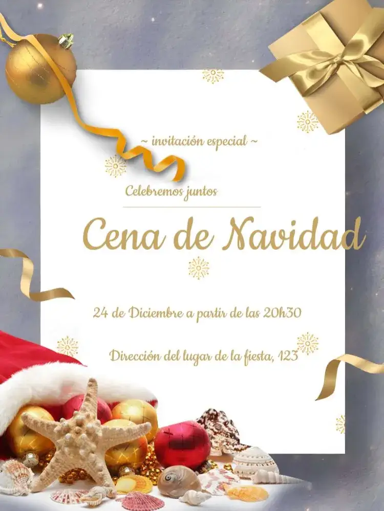 Invitación Para Cena De Navidad Bolas – tema Fechas Conmemorativas dorado, rojo, elegante, festivo, moderno