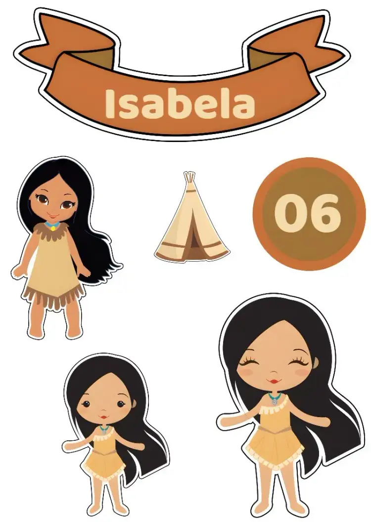 Invitación Topo De Tarta Pocahontas Imprimir – tema Topper de torta naturaleza, terroso, rústico, aventura, colorido, temático