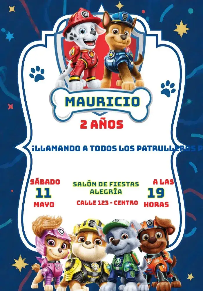 Invitación Patrulla Canina Azul – tema Cumpleaños Infantil azul, acuarela, temático, divertido, colorido, infantil