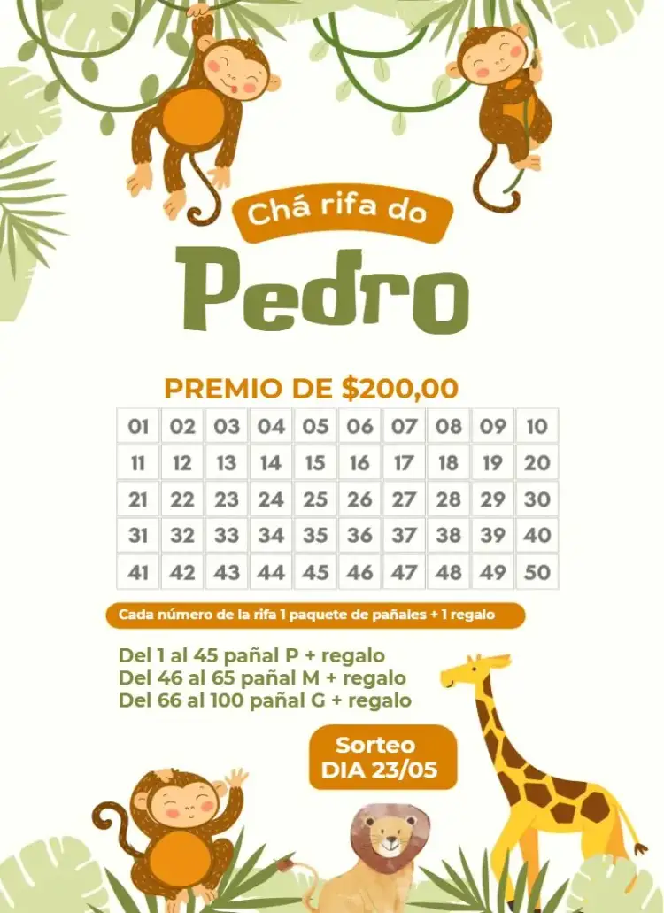 Invitación Animales de la selva – tema Té Rifa colores vibrantes, ilustraciones de animales, estilo lúdico, elementos gráficos suaves, delicado y divertido