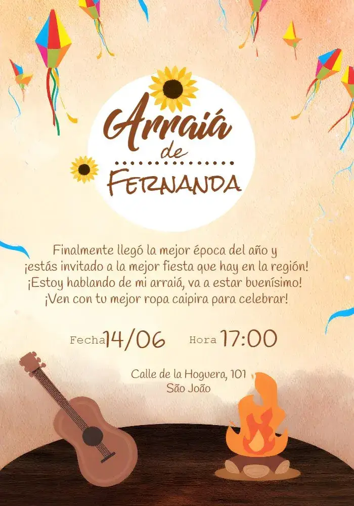 Invitación Fiesta Junina Arraiá Flor – tema Fechas Conmemorativas caipira, vibrante, floral, colorido, tradicional, rústico