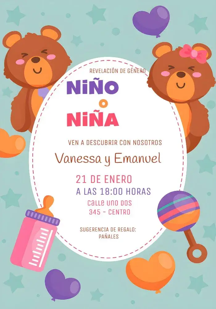 Invitación Baby Shower Oso Mimado Revelación