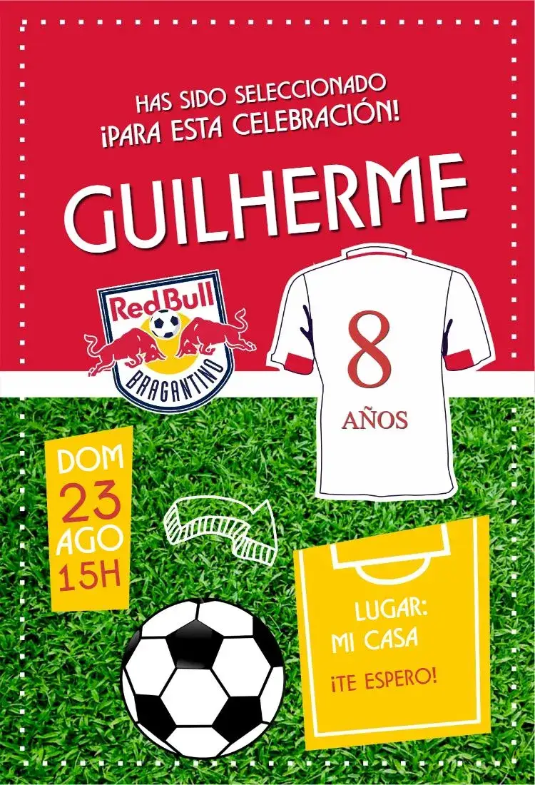 Invitación Camiseta Bragantino – tema Cumpleaños fútbol, moderno, colorido, deportivo, vibrante