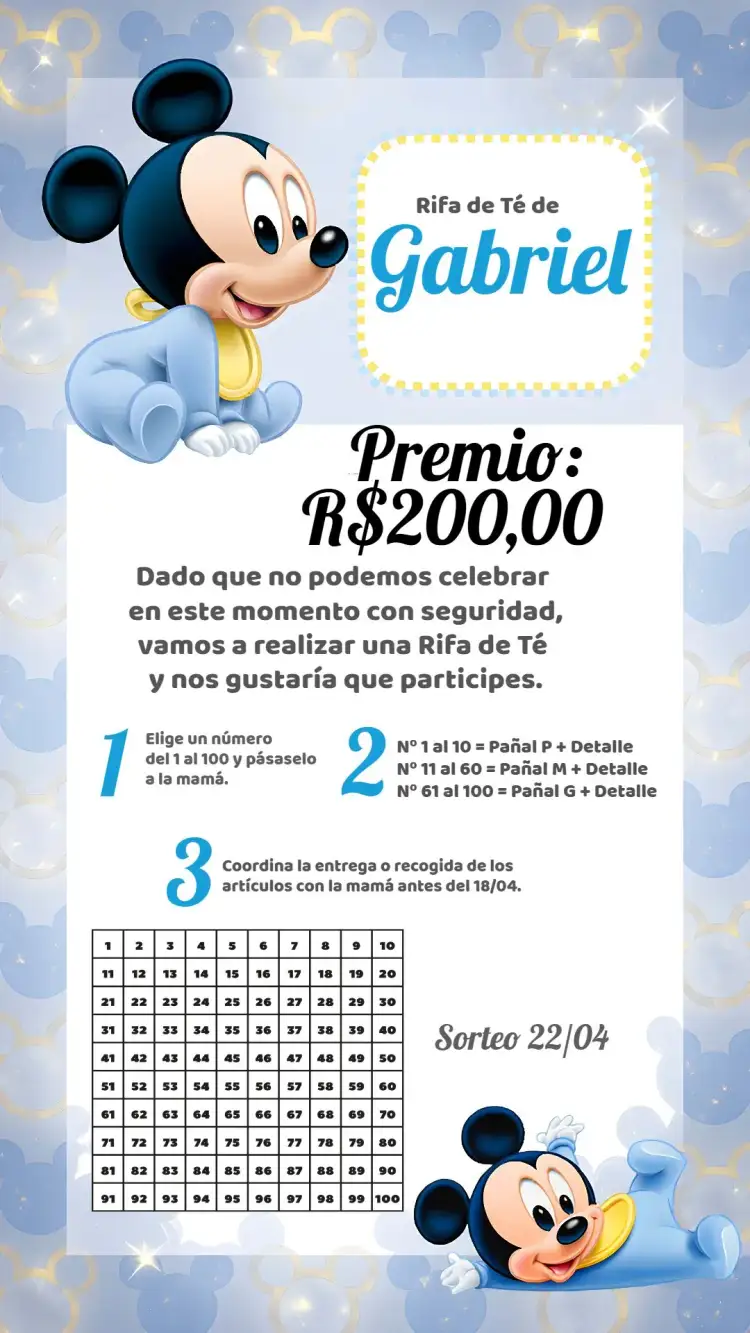 Invitación Chá Rifa Mickey Mouse + – tema Té Rifa Mickey Mouse, azul y amarillo, divertido, infantil, colorido, temático