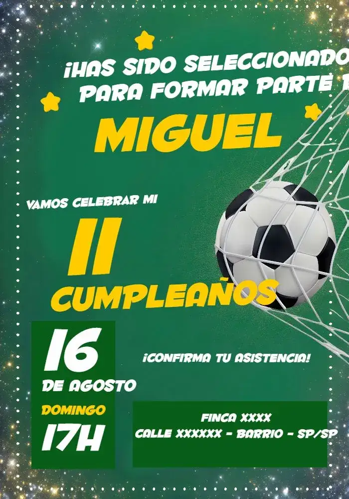 Invitación Fútbol Amarillo – tema Más buscados fútbol, amarillo vibrante, elementos gráficos deportivos, estilo alegre, animación jovial