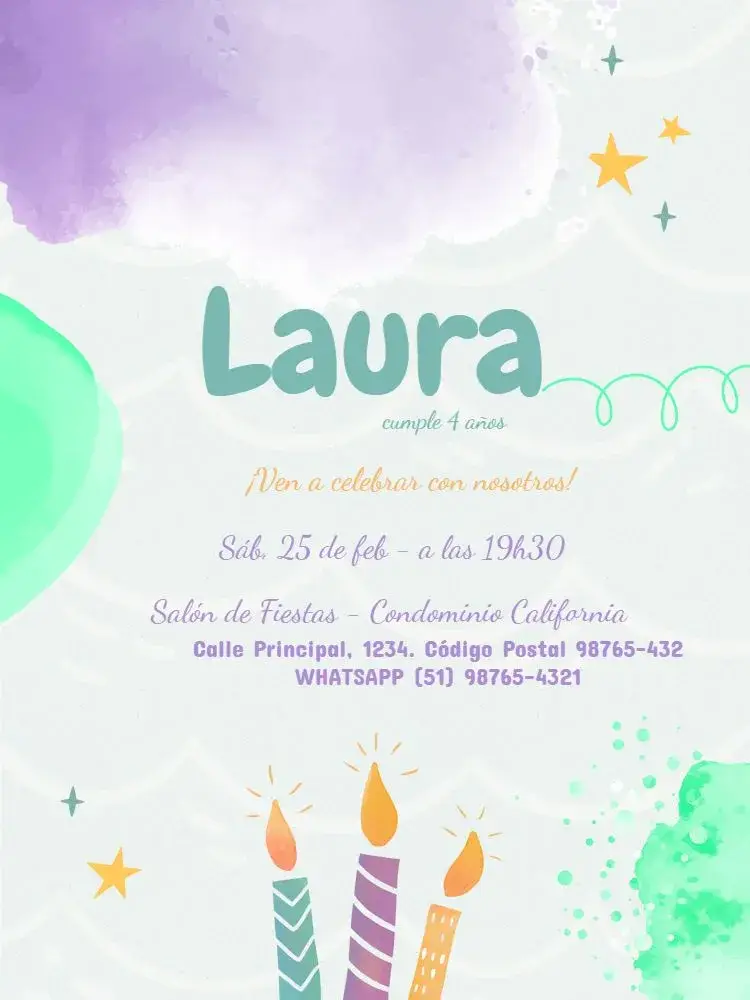 Invitación Infantil Acuarela Colorido
