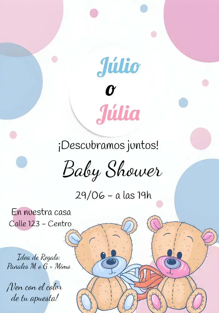 Invitación Baby Shower Ositos Rosa y Azul Acuarela