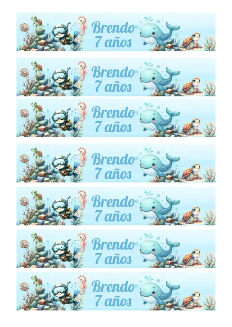 Invitación Etiqueta Para Botella 200ml Fondo Marino – tema Cumpleaños Infantil fondo marino, ilustraciones coloridas, estilo lúdico, azul, elementos marinos, divertido