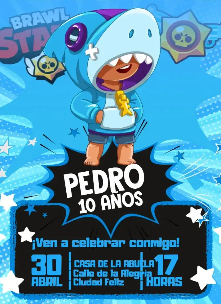 Invitación Brawl Stars Leon Tiburón – tema Cumpleaños Infantil azul, moderno, juegos, divertido, infantil, temático