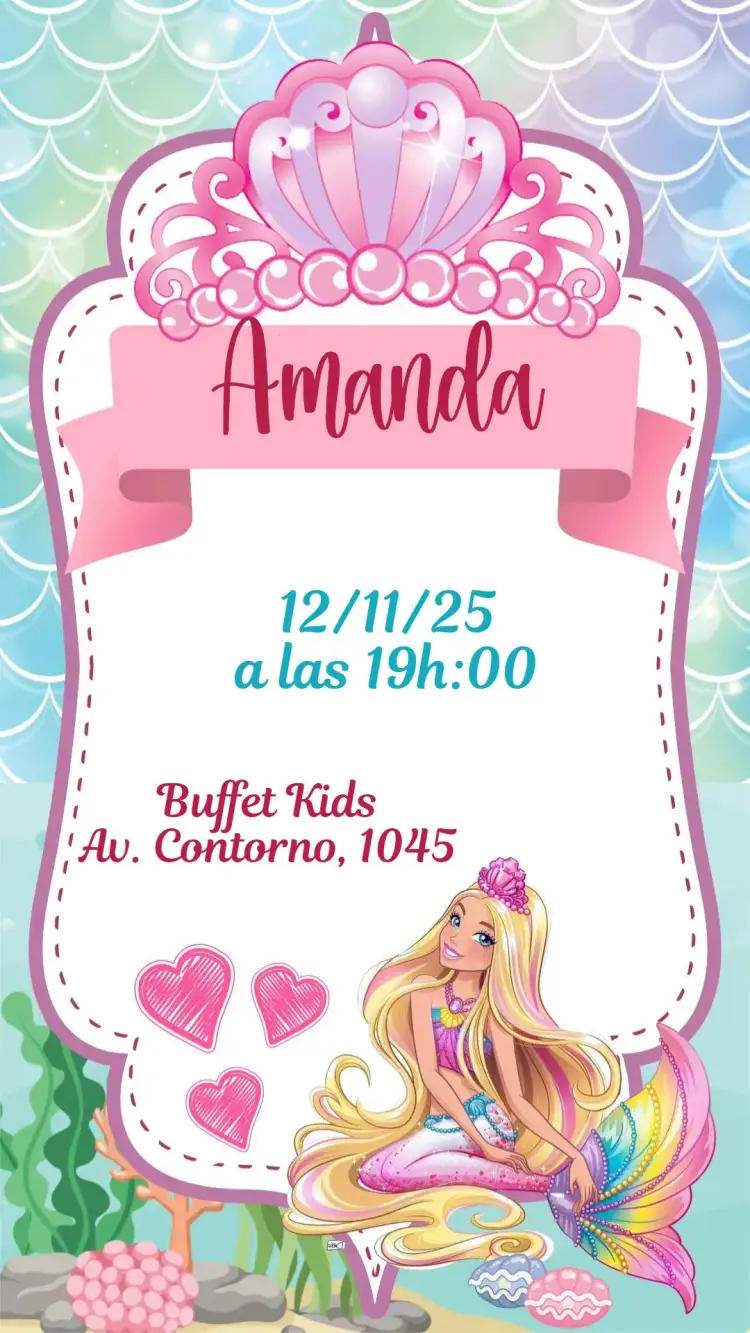 Invitación Barbie – tema Cumpleaños Infantil colorido, femenino, mágico, sirena, divertido, temático