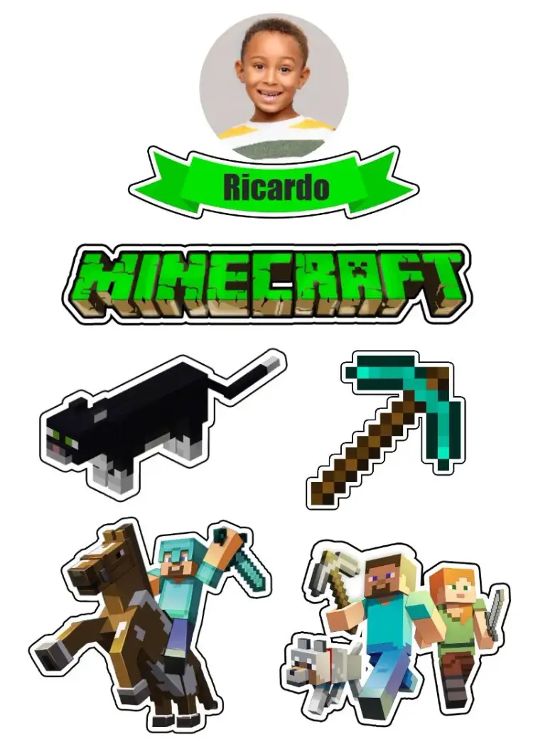 Invitación Topo De Pastel Minecraft Con Foto a Color – tema Topper de torta colorido, juegos, divertido, infantil, moderno